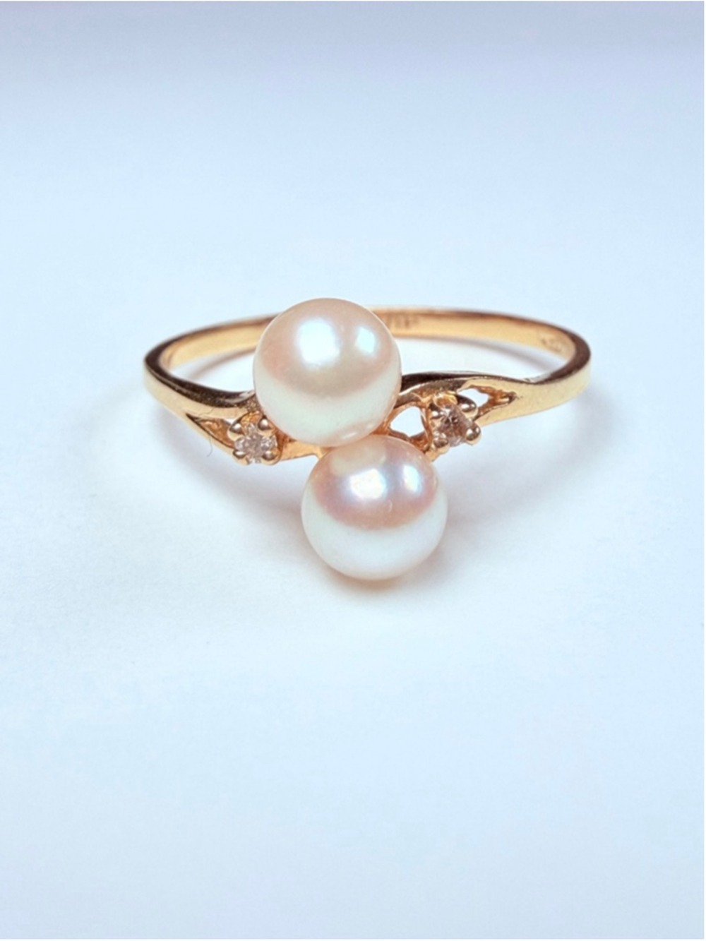 14K Solid Yellow Gold Genuine Diamond & 5MM Bypass Double Pearl VTG Ring - Picture 1 of 13